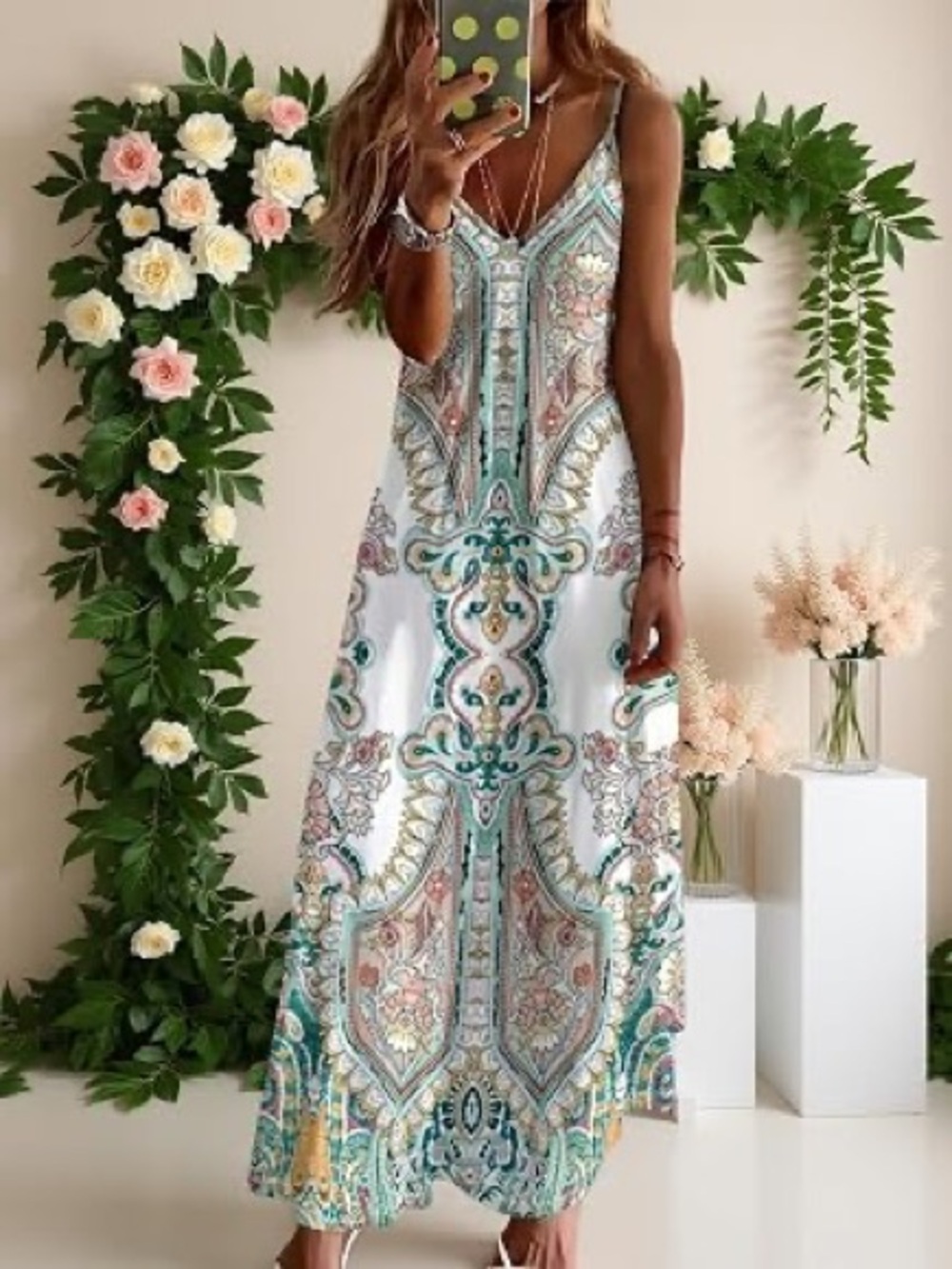 Sleeveless Paisley Maxi Dress in White with Teal & Coral
